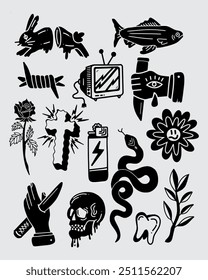 Icon tattoo ink set collection streetwear t shirt fashion illustration vector mystical symbol design sticker print art isolated editable