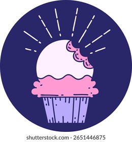 ícone de um cupcake estilo tatuagem com mordida ausente na cor neon brilhante