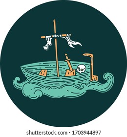 icon of a tattoo style empty boat with skull