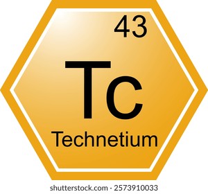 The icon of the Tc chemical element is Technetium. A chemical element of the periodic table. Tc is a transition metal. Science, chemistry. Vector hexagonal image.