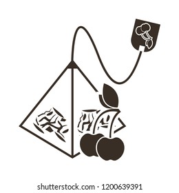 The icon of a tea bag pyramid with a cherry or cherry flavor. Logo in flat style on a white background.