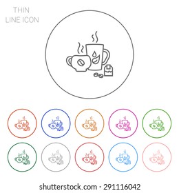 Icon of tea and coffee cups, teabag and coffee beans 