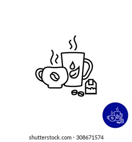 Icon of tea and coffee cups, teabag and coffee beans 