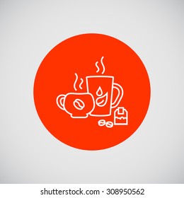 Icon of tea and coffee cups, teabag and coffee beans 