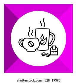 Icon of tea and coffee cups, teabag and coffee beans 