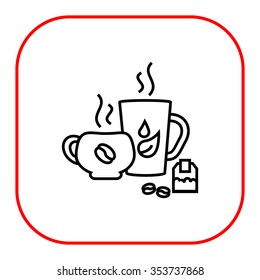 Icon of tea and coffee cups, teabag and coffee beans 