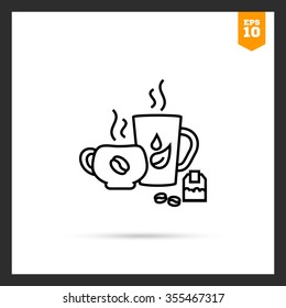 Icon of tea and coffee cups, teabag and coffee beans 