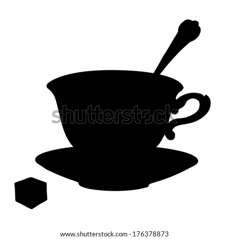 Icon tea cup, coffee cup, spoon, saucer and sugar. Black silhouette isolated on a white background. Abstract design logo. Logotype art - vector