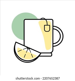 Icon Tea in a cup with lemon on a white background. Warming drink to strengthen the immune system. Tea with lemon.Tea bag, pot, cup and variety of berry branches. Flat vector illustration. 