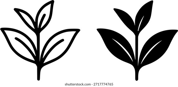 Icono, ilustración de hoja de té, esquema y versiones de silueta
