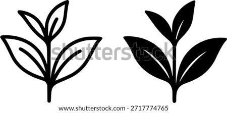 Icon, tea leaf illustration, outline and silhouette versions