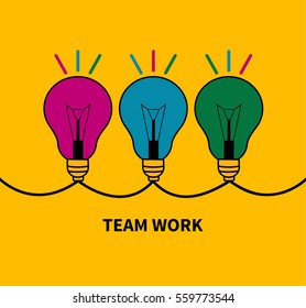 Icon teamwork, brainstorming. Three glowing light bulb wires United. Vector illustration