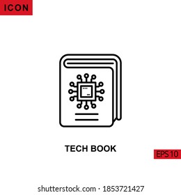 Icon tech book with circuit board processor. Outline, line, lineal or linear vector icon symbol sign collection for mobile concept and web apps design.