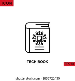 Icon tech book with circuit board processor. Outline, line, lineal or linear vector icon symbol sign collection for mobile concept and web apps design.