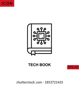 Icon tech book with circuit board processor. Outline, line, lineal or linear vector icon symbol sign collection for mobile concept and web apps design.