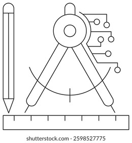 Icon of the technical drawing, featuring a compass, ruler, and pencil with added circuit elements symbolizing technology and innovation. Vector pictogram with thin lines. Line thickness is editable