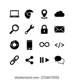 icono, tecnología, digital, portátil, cromo, mapa, nube, búsqueda, llave inglesa, bloqueo, correo electrónico, gráfico, teléfono, infinito, código, Enlace, compartir, reproducir, pausa, chat, símbolo, gráfico, diseño, interfaz, Web, aplicación, conjunto, colección, negro, Vector