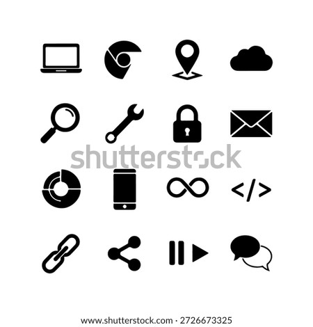 icon, technology, digital, laptop, chrome, map, cloud, search, wrench, lock, email, chart, phone, infinity, code, link, share, play, pause, chat, symbol, graphic, design, interface, web, application, set, collection, black, vector