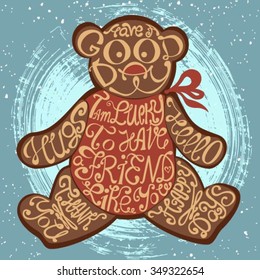 Icon of Teddy bear made from words. Inscription i'm lucky to have friend like you. Hand drawn cookie design. Typography lettering for t-shirt or for cafe business. Calligraphic cute christmas poster.