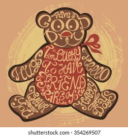 Icon of Teddy bear made from words. Inscription i'm lucky to have friend like you. Hand drawn cookie design. Typography lettering for t-shirt or for cafe business. Calligraphic cute christmas poster.