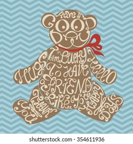 
Icon of Teddy bear made from words. Inscription i'm lucky to have friend like you. Hand drawn cookie design. Typography lettering for t-shirt or for cafe business. Calligraphic cute christmas poster.