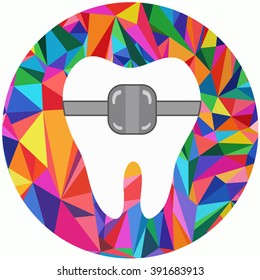 Icon teeth with braces  in the circle on colorful polygon background.Icon in the flat style for your dental and orthodontic design.