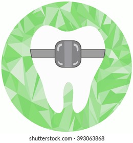Icon teeth with braces in the circle on green polygon background.Icon in the flat style for your dental and orthodontic design.