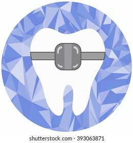 Icon teeth with braces in the circle on dark blue polygon background.Icon in the flat style for your dental and orthodontic design.