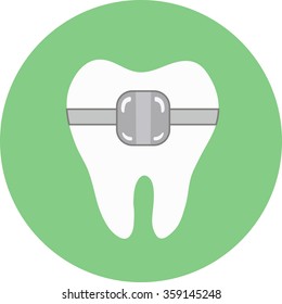 Icon teeth with braces on the mint background in the circle.Icon in the flat style for your dental and orthodontic design.