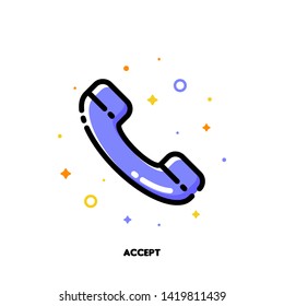 Icon of telephone handset which symbolizes accept phone call for help and support concept. Flat filled outline style. Pixel perfect 64x64. Editable stroke