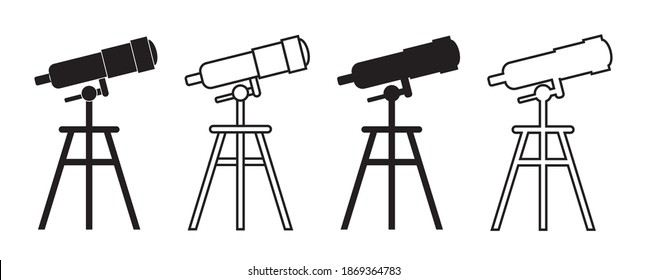 Icon of telescope for discovery. Spyglass with tripod in line style for astronomy discover. Watching of scope of space. Planetarium symbols. Silhouette of science equipment with optical lens. Vector.