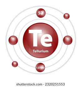 Icon Tellurium (Te) structure chemical element round shape circle dark brown with surround ring. 3D Illustration vector. Period number shows of energy levels of electron. Study science for education.