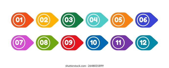 Marcadores de ponto com marcadores multicoloridos do modelo de ícone com números de um a doze. Marcadores com bandeira de cores claras.Ilustração em vetor plana, isolada sobre fundo branco