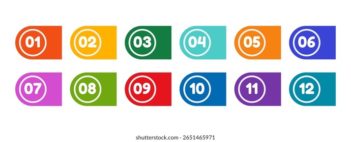 Marcadores de ponto com marcadores multicoloridos do modelo de ícone com números de um a doze. Marcadores com bandeira de cores claras.Ilustração em vetor plana, isolada sobre fundo branco