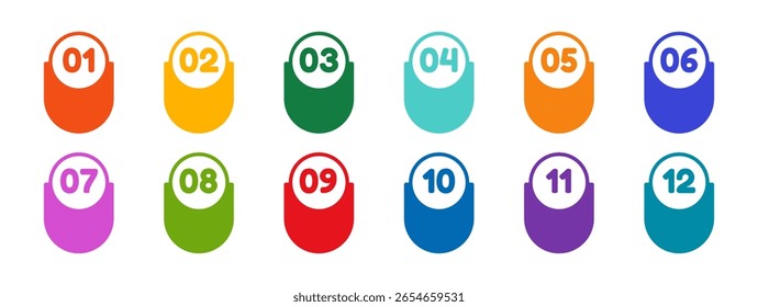 Icon template multicolored bullet point markers with numbers from one to twelve. Brightly colored flag markers.Vector flat illustration , isolated on white background