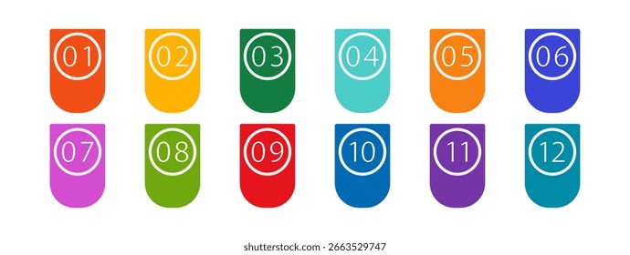 Icon template multicolored bullet point markers with numbers from one to twelve. Brightly colored flag markers.Vector flat illustration , isolated on white background