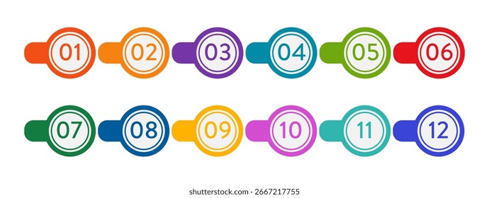 Marcadores de ponto com marcadores multicoloridos do modelo de ícone com números de um a doze. Marcadores com bandeira de cores claras.Ilustração em vetor plana, isolada sobre fundo branco