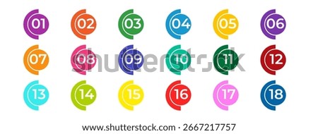 Icon template with multicolored markers numbered from one to eighteen. Bright checkmarks. Vector flat illustration isolated on a white background