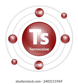 Icon Tennessine (Ts) structure chemical element round shape circle dark brown with surround ring. 3D Illustration vector. Period number shows of energy levels of electron. Study science for education