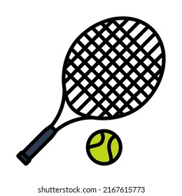 Icon Of Tennis Rocket And Ball. Editable Bold Outline With Color Fill Design. Vector Illustration.