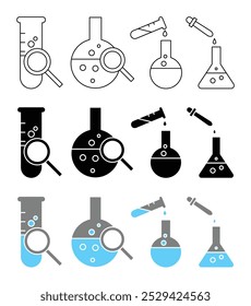 Icono de tubos de ensayo y vasos de precipitados, que simbolizan la química, la ciencia o los experimentos de laboratorio.