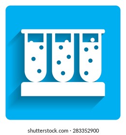 Icon of test tubes filled with bubbling liquid on bright blue background