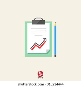 Icon of text document with growing graph on clipboard and pencil