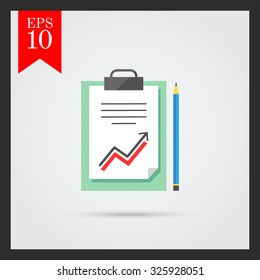 Icon of text document with growing graph on clipboard and pencil