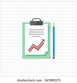 Icon of text document with growing graph on clipboard and pencil