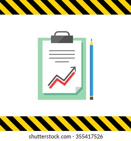 Icon of text document with growing graph on clipboard and pencil