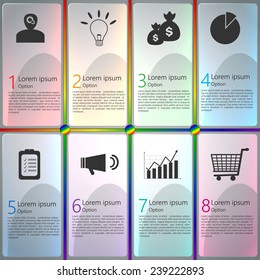 Icon and Text Information on Colorful Transparent Box With Rainbow Line Design, Financial/Business Infographic. Business Diagrams, Workflow Layout & 8 Step Process Diagram. Vector Illustration