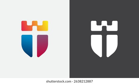 An icon that combines the image of a castle, fortress, shield, and cross.