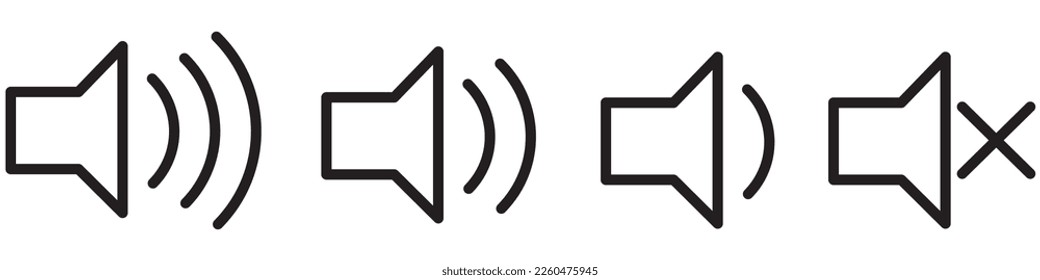 An icon that increases and decreases the sound. The icon shows mute. Set of sound icons with different signal levels in flat style. Vector.