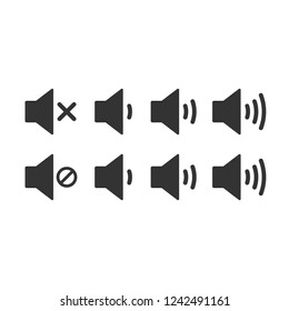 An icon that increases and reduces the sound. Icon showing the mute. A set of sound icons with different signal levels in a flat style. Vector.